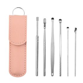 6Pcs/set ear cleaner Ear Wax Pickers Stainless Steel Earpick Wax Remover piercing kit earwax Curette Spoon Care Ear Clean Tools (Color: Pink)